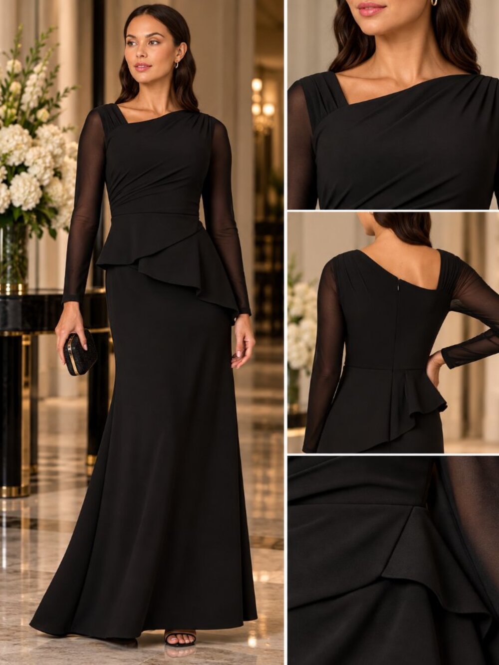 Adrianna Papell Black Sheer Long Sleeve Draped Peplum Formal Gown Size 6 NWT